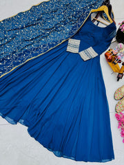 Graceful Blue Fox Georgette Gown with Embroidered Dupatta