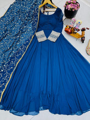 Graceful Blue Fox Georgette Gown with Embroidered Dupatta