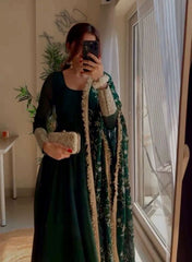 Graceful Green Fox Georgette Gown with Embroidered Dupatta