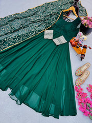 Graceful Green Fox Georgette Gown with Embroidered Dupatta