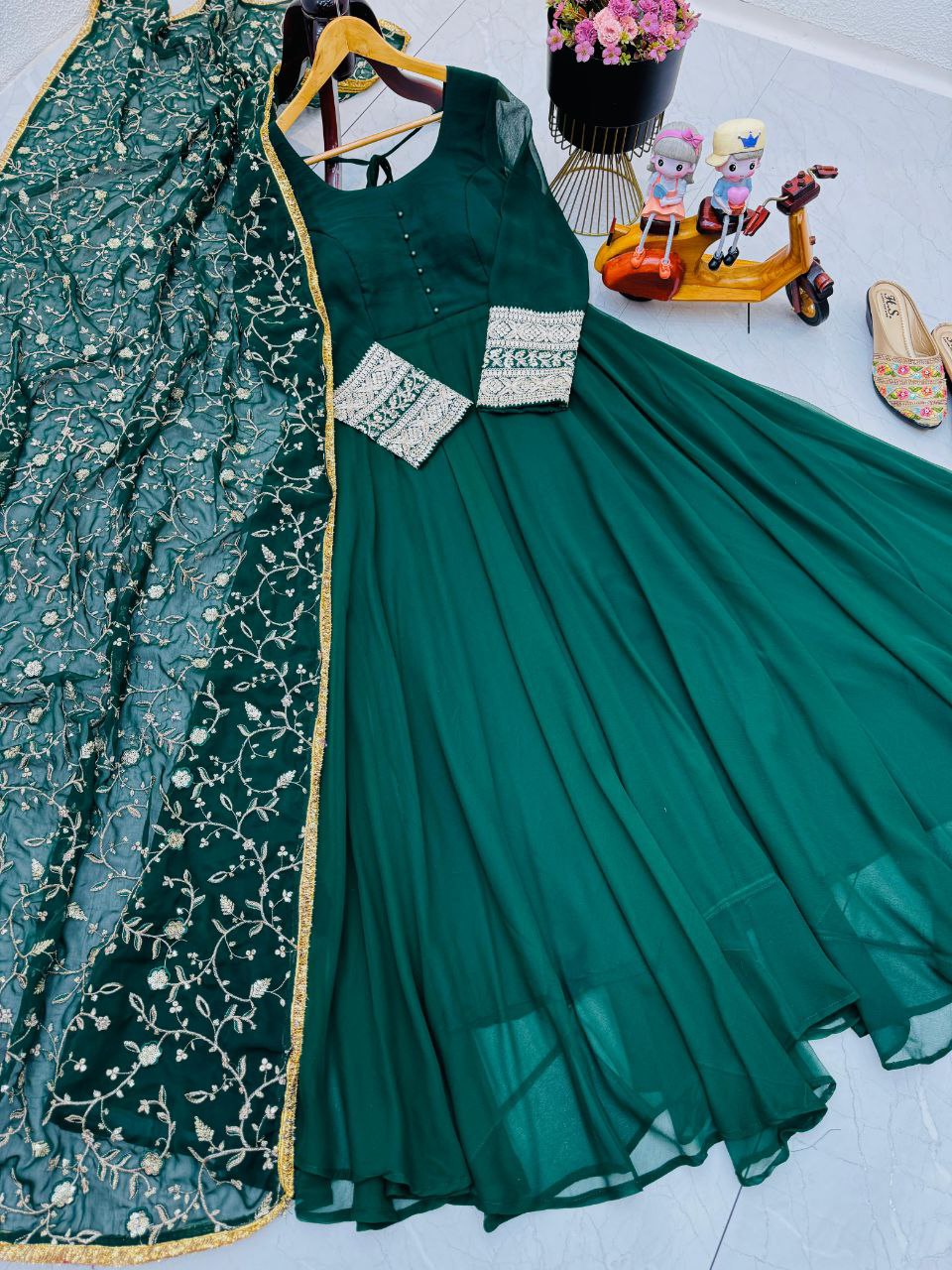 Graceful Green Fox Georgette Gown with Embroidered Dupatta