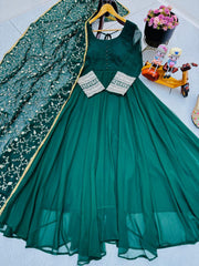 Graceful Green Fox Georgette Gown with Embroidered Dupatta
