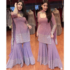 Graceful Lilac Georgette Ensemble | 9mm Sequins & Zari Work | Semi-Stitched Elegance