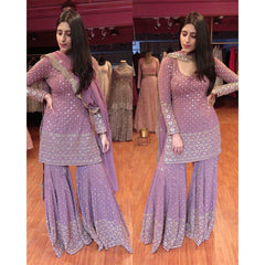 Graceful Lilac Georgette Ensemble | 9mm Sequins & Zari Work | Semi-Stitched Elegance