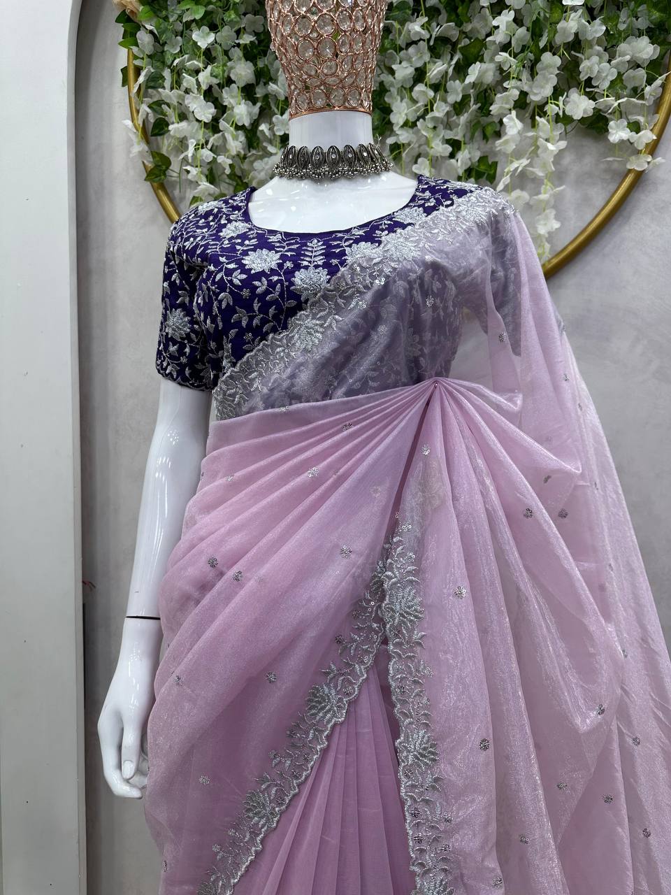 Graceful Pink Designer Saree – Jimmy Choo Fabric with Exquisite Thread Sequence Work
