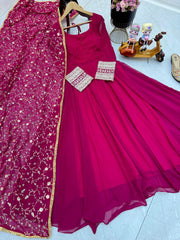Graceful Rani Pink Fox Georgette Gown with Embroidered Dupatta