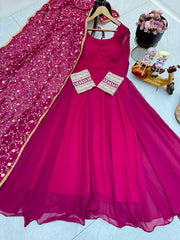 Graceful Rani Pink Fox Georgette Gown with Embroidered Dupatta
