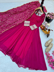 Graceful Rani Pink Fox Georgette Gown with Embroidered Dupatta