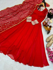 Graceful Red Fox Georgette Gown with Embroidered Dupatta