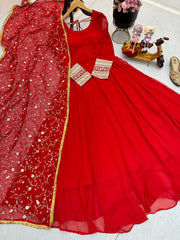 Graceful Red Fox Georgette Gown with Embroidered Dupatta