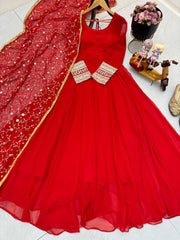 Graceful Red Fox Georgette Gown with Embroidered Dupatta