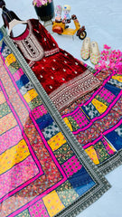 Graceful Red Velvet Embroidered Top with Multi-Colored Sharara & Dupatta