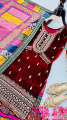 Graceful Red Velvet Embroidered Top with Multi-Colored Sharara & Dupatta