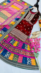 Graceful Red Velvet Embroidered Top with Multi-Colored Sharara & Dupatta