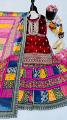Graceful Red Velvet Embroidered Top with Multi-Colored Sharara & Dupatta