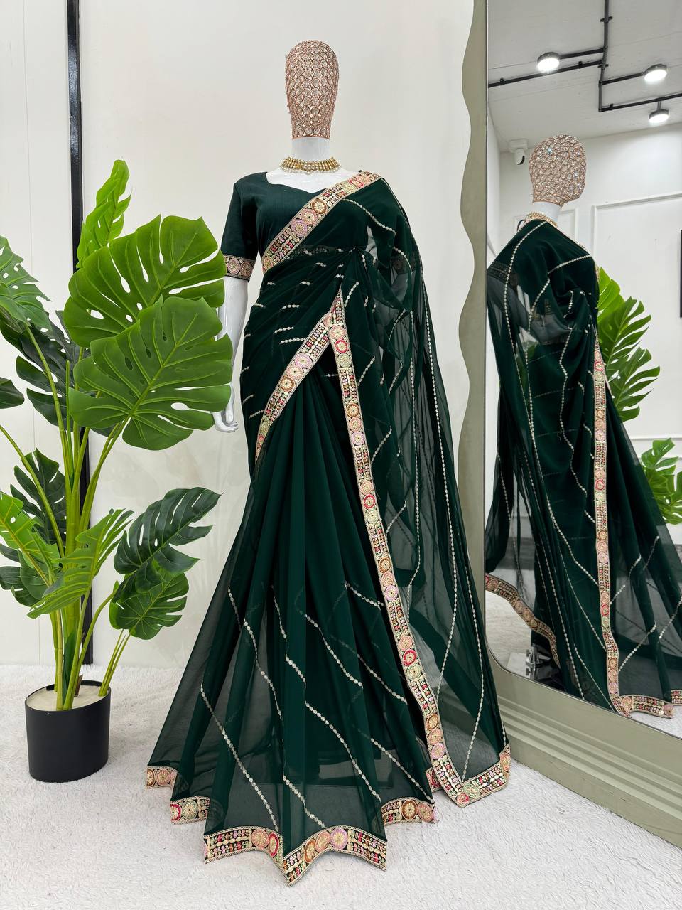 Green Designer Saree with Coding & Sequin Work