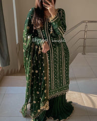 Green New Designer Party Suit & Dupatta Set – Fox Georgette with Sequin Embroidery & Krizz Work