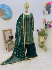 Green New Designer Party Suit & Dupatta Set – Fox Georgette with Sequin Embroidery & Krizz Work