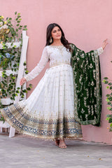 Green Party Wear Faux Georgette Gown Set – Embroidered Dupatta & Bottom