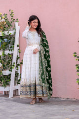 Green Party Wear Faux Georgette Gown Set – Embroidered Dupatta & Bottom