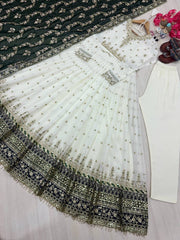 Green Party Wear Faux Georgette Gown Set – Embroidered Dupatta & Bottom