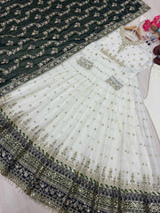Green Party Wear Faux Georgette Gown Set – Embroidered Dupatta & Bottom