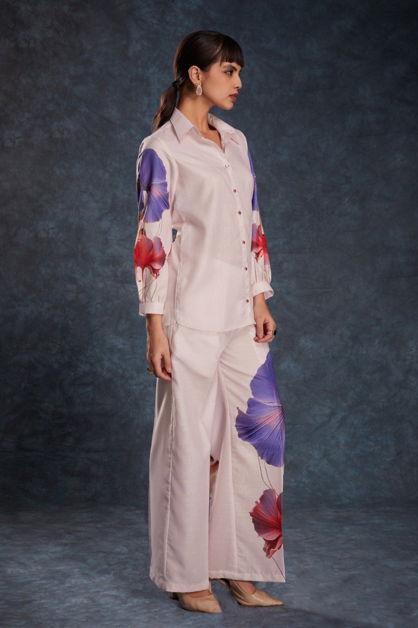 Light Pink Printed Linen Co-Ord Set | Elegant Everyday Look | Top + Pant | Ready to Wear (XS–XXL)