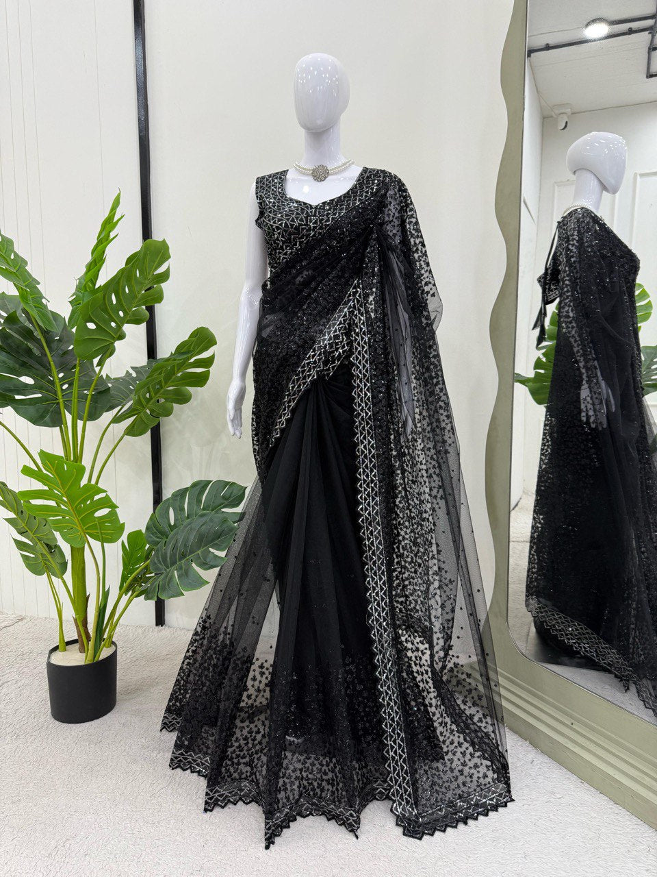 Mesmerizing Black Designer Saree with Sequins Work - Soft Net Fabric