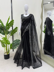 Mesmerizing Black Designer Saree with Sequins Work - Soft Net Fabric