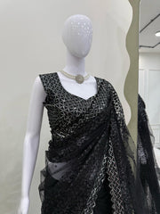 Mesmerizing Black Designer Saree with Sequins Work - Soft Net Fabric