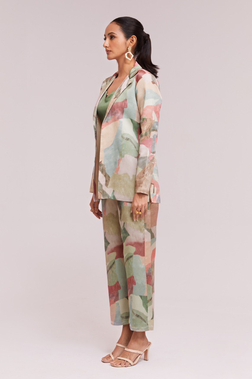 Multicolor Modal Satin 3-Piece Co-Ord Set (Blazer + Blouse + Pant) | Trendy Ready-to-Wear | Sizes XS–XXL