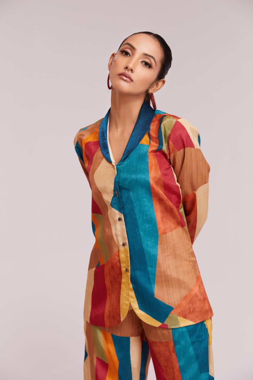 Multicolor Printed Crepe Blazer & Pant Co-Ord Set | Trendy Ready-to-Wear | Sizes XS–XXL