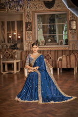 Elegant Navy Blue Georgette Saree with Resham, Zari & Sequins Work