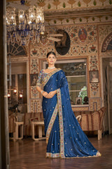 Elegant Navy Blue Georgette Saree with Resham, Zari & Sequins Work