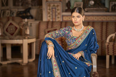 Elegant Navy Blue Georgette Saree with Resham, Zari & Sequins Work