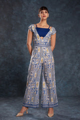 Navy Blue Printed Linen Co-Ord Set | Blouse + Jumpsuit | Ready-to-Wear | Sizes XS–XXL