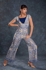 Navy Blue Printed Linen Co-Ord Set | Blouse + Jumpsuit | Ready-to-Wear | Sizes XS–XXL