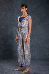 Navy Blue Printed Linen Co-Ord Set | Blouse + Jumpsuit | Ready-to-Wear | Sizes XS–XXL