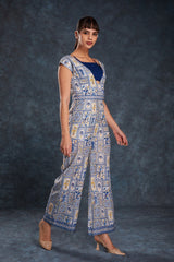 Navy Blue Printed Linen Co-Ord Set | Blouse + Jumpsuit | Ready-to-Wear | Sizes XS–XXL