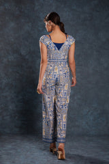 Navy Blue Printed Linen Co-Ord Set | Blouse + Jumpsuit | Ready-to-Wear | Sizes XS–XXL