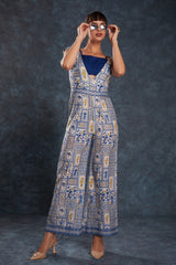 Navy Blue Printed Linen Co-Ord Set | Blouse + Jumpsuit | Ready-to-Wear | Sizes XS–XXL