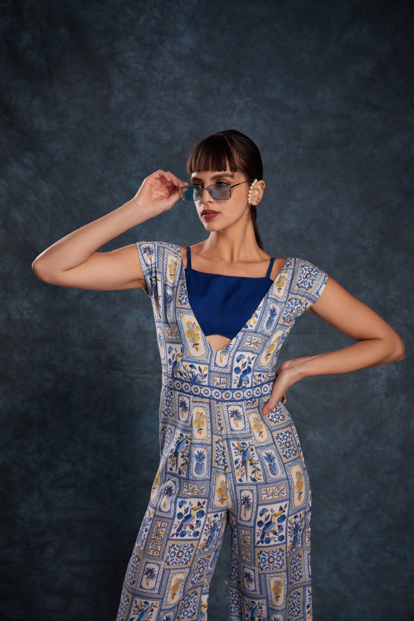 Navy Blue Printed Linen Co-Ord Set Blouse Jumpsuit Ready-to-Wear Sizes XS–XXL M