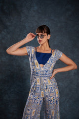Navy Blue Printed Linen Co-Ord Set | Blouse + Jumpsuit | Ready-to-Wear | Sizes XS–XXL