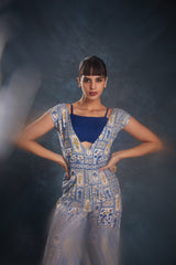 Navy Blue Printed Linen Co-Ord Set | Blouse + Jumpsuit | Ready-to-Wear | Sizes XS–XXL