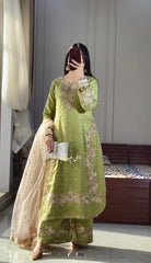 New Pista Green Designer Party Wear Chinon Silk Top, Palazzo & Dupatta Set