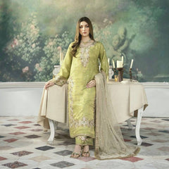 New Pista Green Designer Party Wear Chinon Silk Top, Palazzo & Dupatta Set