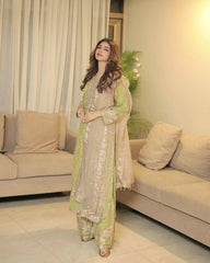 New Pista Green Designer Party Wear Chinon Silk Top, Palazzo & Dupatta Set