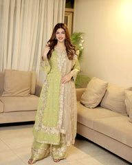 New Pista Green Designer Party Wear Chinon Silk Top, Palazzo & Dupatta Set