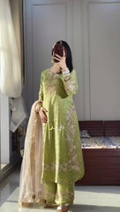 New Pista Green Designer Party Wear Chinon Silk Top, Palazzo & Dupatta Set