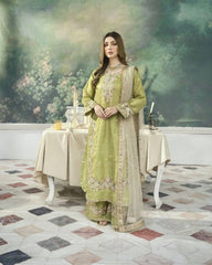 New Pista Green Designer Party Wear Chinon Silk Top, Palazzo & Dupatta Set